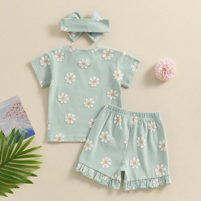 Baby Toddler Girl 3Pcs Summer Outfit Floral Flower Print Short Sleeve Top with Elastic Waist Ruffled Shorts Headband Set