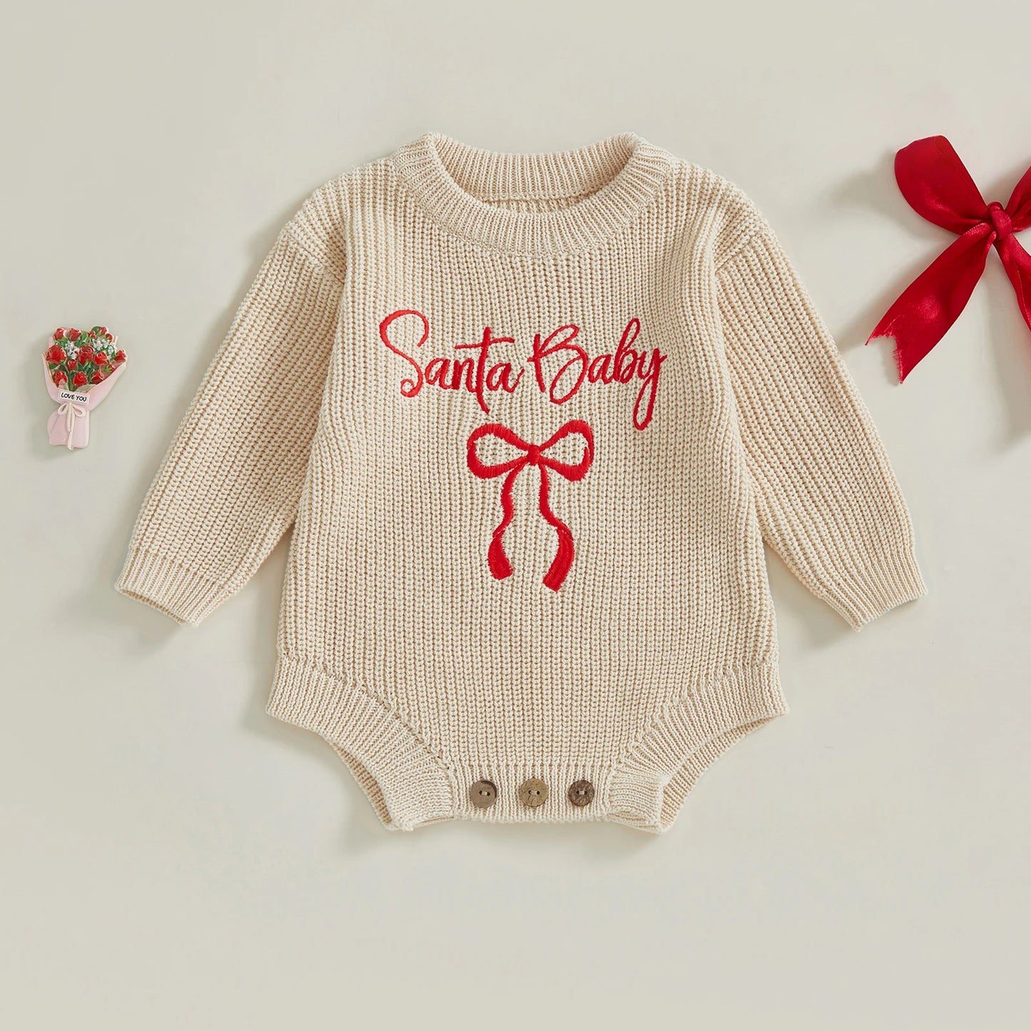 Baby Girl Santa Baby Christmas Romper Loose Fit Letter Bow Embroidery Ribbed Knit Long Sleeve Infant Winter Sweater