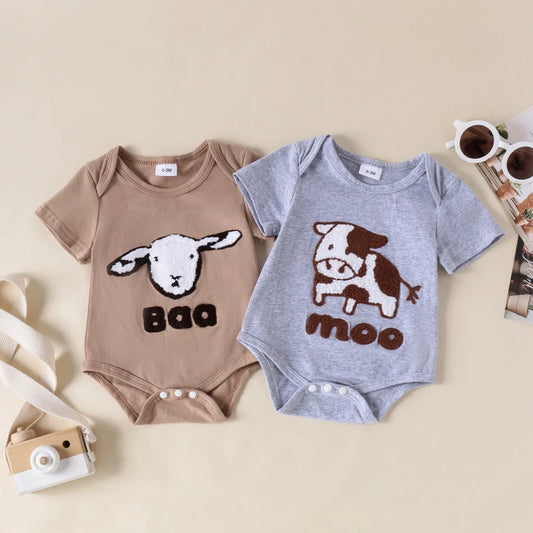 Baby Toddler Girls Boys Baa / Moo Sheep Cow Romper Casual Letter Embroidery Round Neck Short Sleeve Jumpsuit