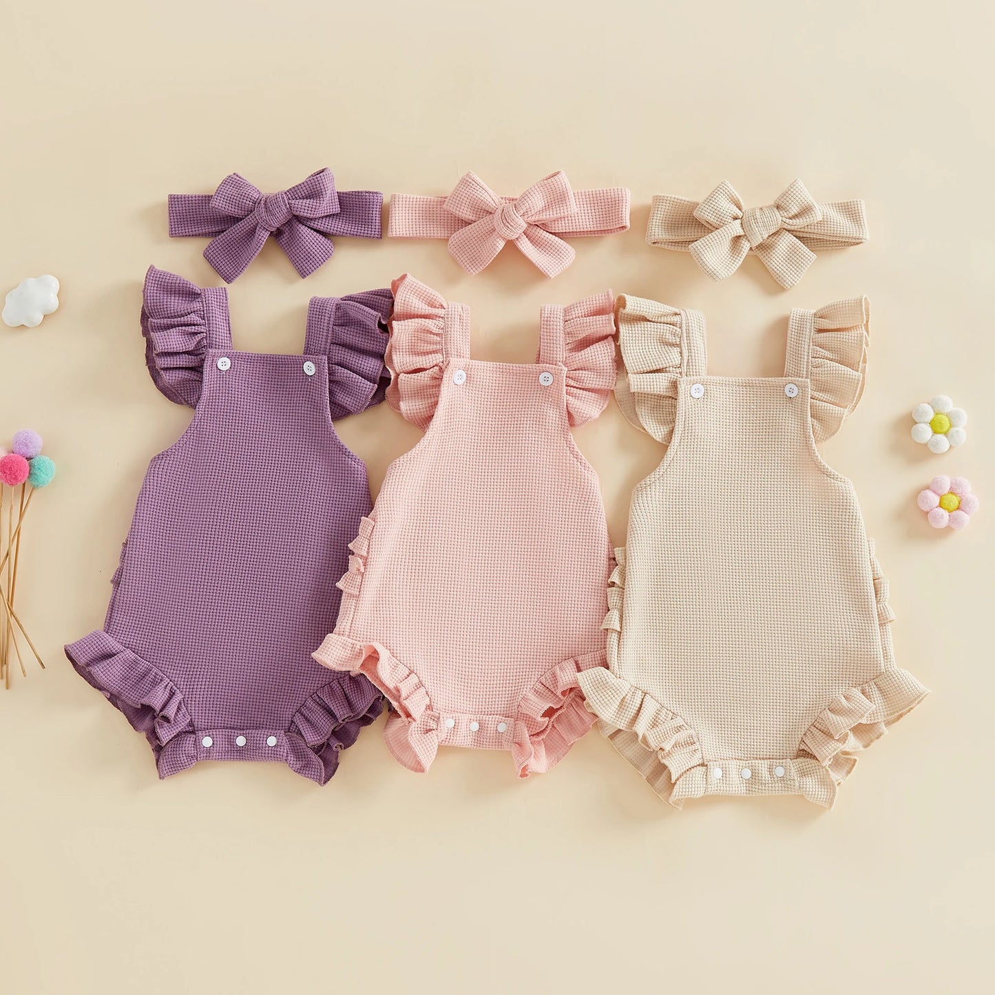 Baby Girl 2Pcs Spring Summer Outfits Ruffle Sleeveless Solid Color Romper with Headband Set