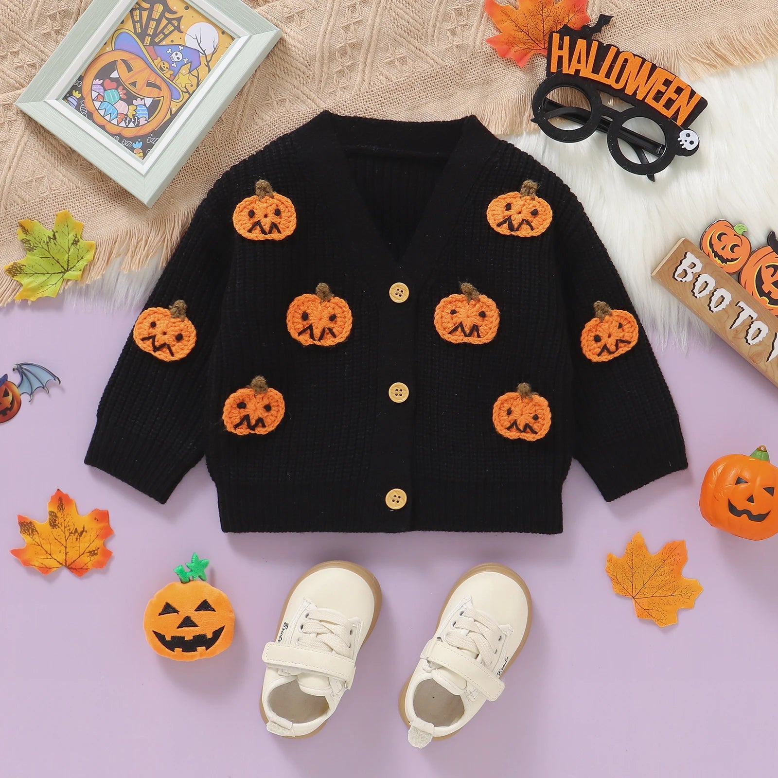 Baby Toddler Boys Girls Knit Cardigan Cute Halloween Pumpkin Embroidery Fall V Neck Long Sleeve Button Up Sweater Top