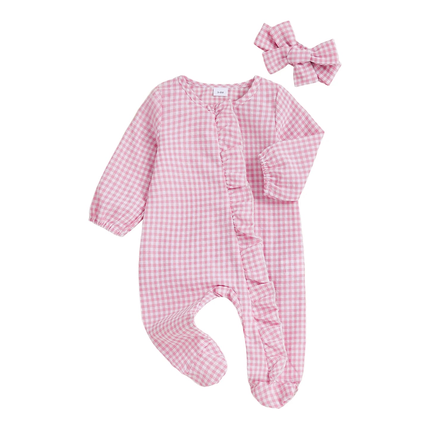 Baby Girl 2Pcs Fall Footies and Headband Set Plaid Ruffled Trim Zip Front Long Sleeve Zipper Romper