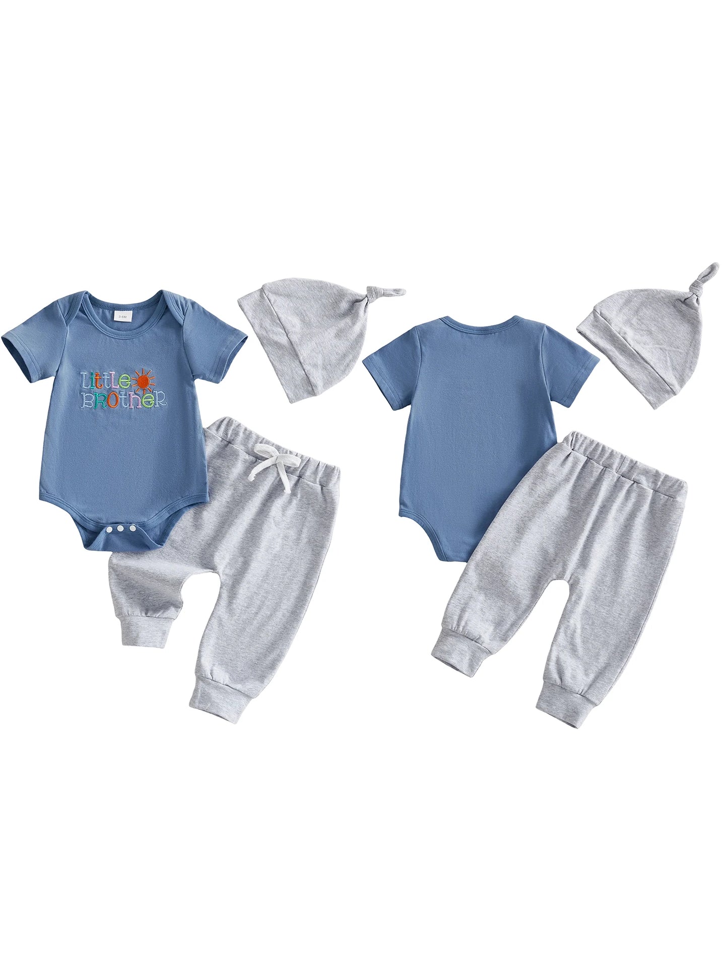 Baby Boys 3Pcs Little Brother Clothing Set Fashionable Short Sleeve Letters Embroidery Romper with Jogger Pants Hat Outfit