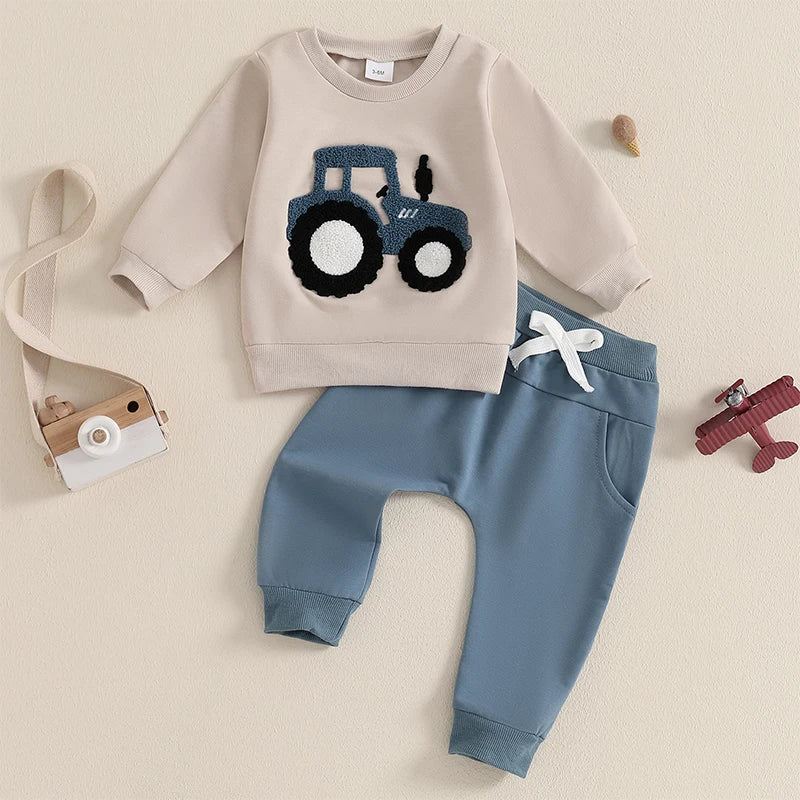 Baby Toddler Boys 2Pcs OutfitTractor Embroidery Long Sleeve Crewneck Top with Solid Long Pants Jogger Set