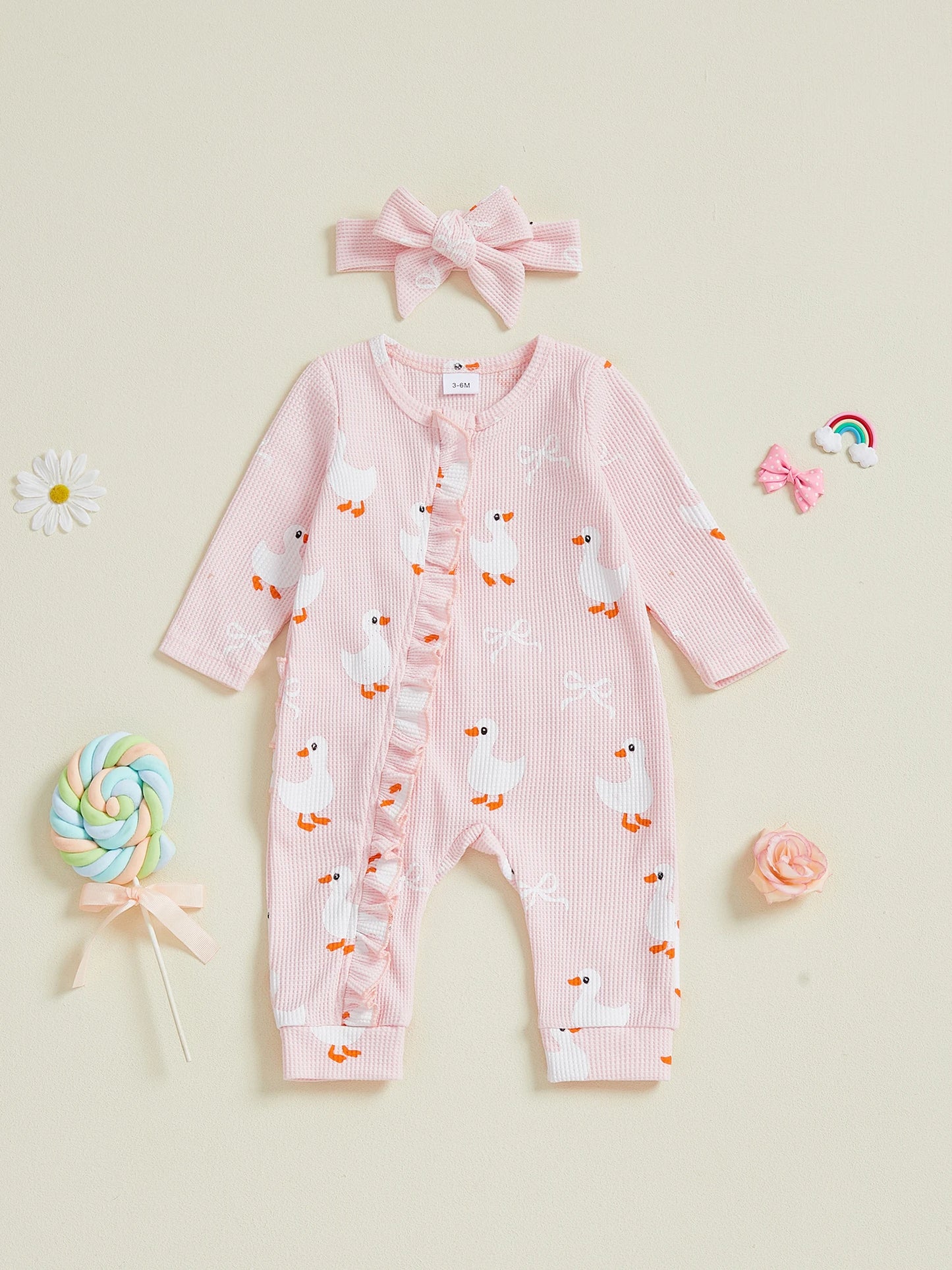 Baby Girls 2Pcs Fall Waffled Zipper Romper Bow Goose Animal Print Long Sleeve Round Neck Zip Up Jumpsuit with Headband Set