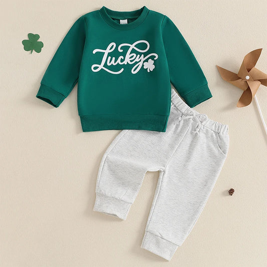 Baby Toddler Boys Girls 2Pcs St. Patrick's Day Outfit Long Sleeve Lucky Letters Shamrock Print Crewneck Top + Pants Jogger Set