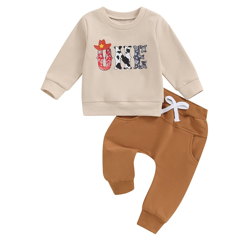 Baby Boys Girls 2Pcs 1st Birthday Outfit Long Sleeve ONE Letter Cowboy Gow Animals Print Top and Solid Color Pants Set