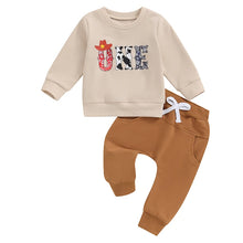 Load image into Gallery viewer, Baby Boys Girls 2Pcs 1st Birthday Outfit Long Sleeve ONE Letter Cowboy Gow Animals Print Top and Solid Color Pants Set
