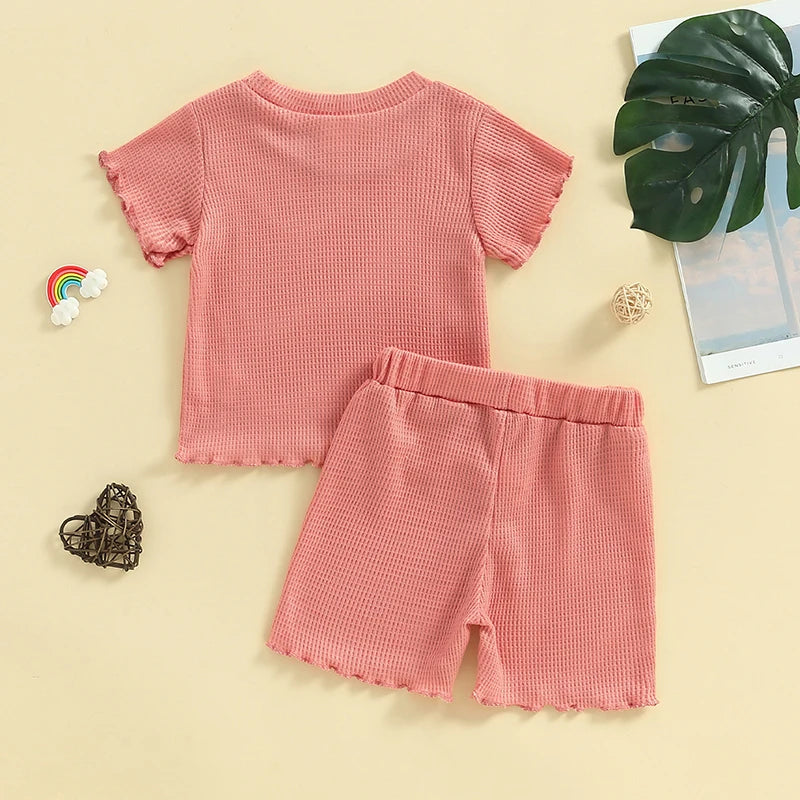 Baby Toddler Kids Girls 2Pcs Shorts Set Short Sleeve Crew Neck Top Frill Sleeves with Elastic Waist Shorts Summer Waffle Outfit