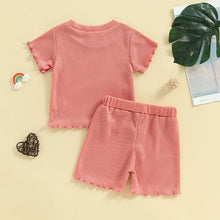 Load image into Gallery viewer, Baby Toddler Kids Girls 2Pcs Shorts Set Short Sleeve Crew Neck Top Frill Sleeves with Elastic Waist Shorts Summer Waffle Outfit
