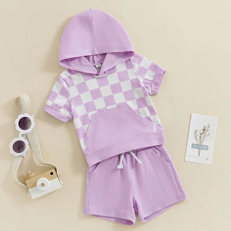 Baby Toddler Boys Girls 2Pcs Short Sleeve Checkerboard Hooded Top with Pocket and Drawstring Shorts Set Outfit