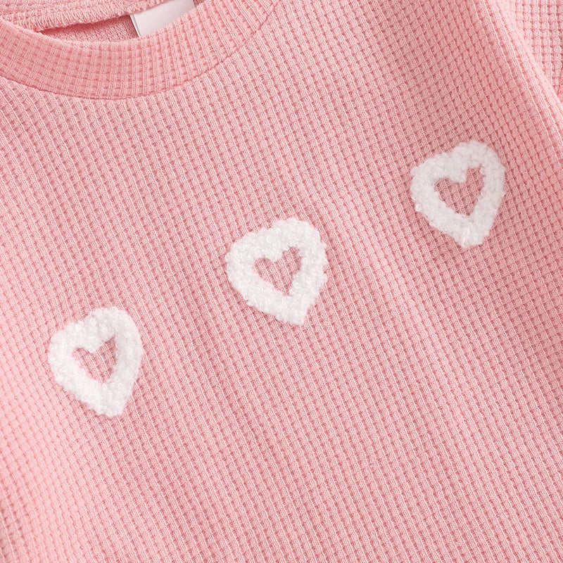 Baby Toddler Girls Waffle Romper Heart Valentines Embroidery Long Sleeve Jumpsuits Valentine's Day