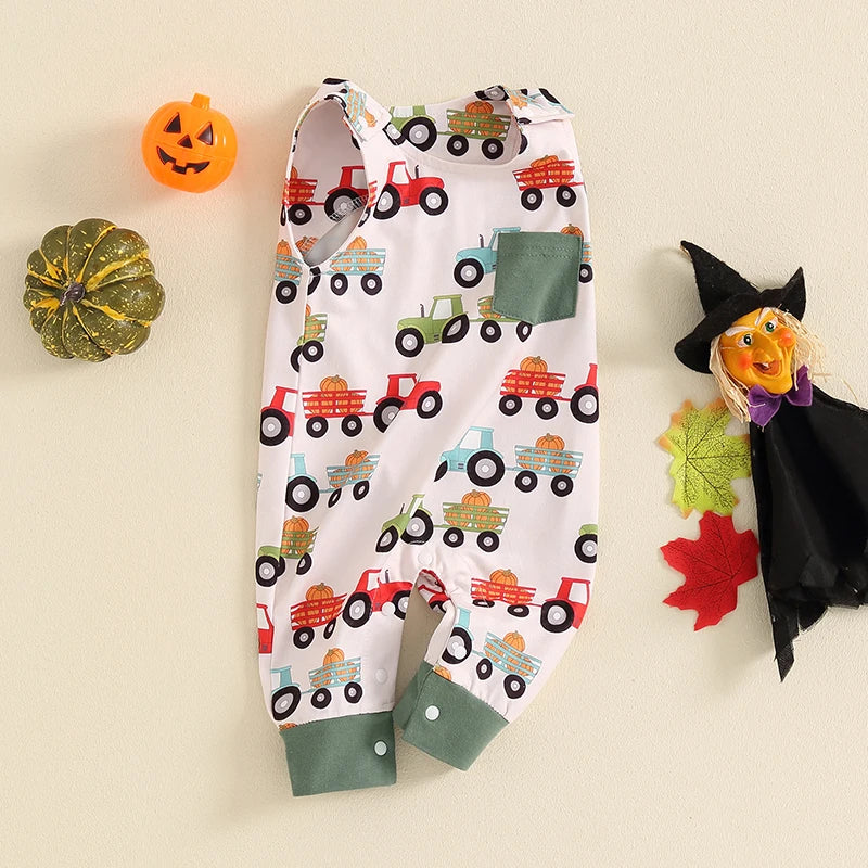 Baby Boys Jumpsuit Sleeveless Crew Neck Pocket Pumpkin Tractor Print Romper Halloween Jumpsuit