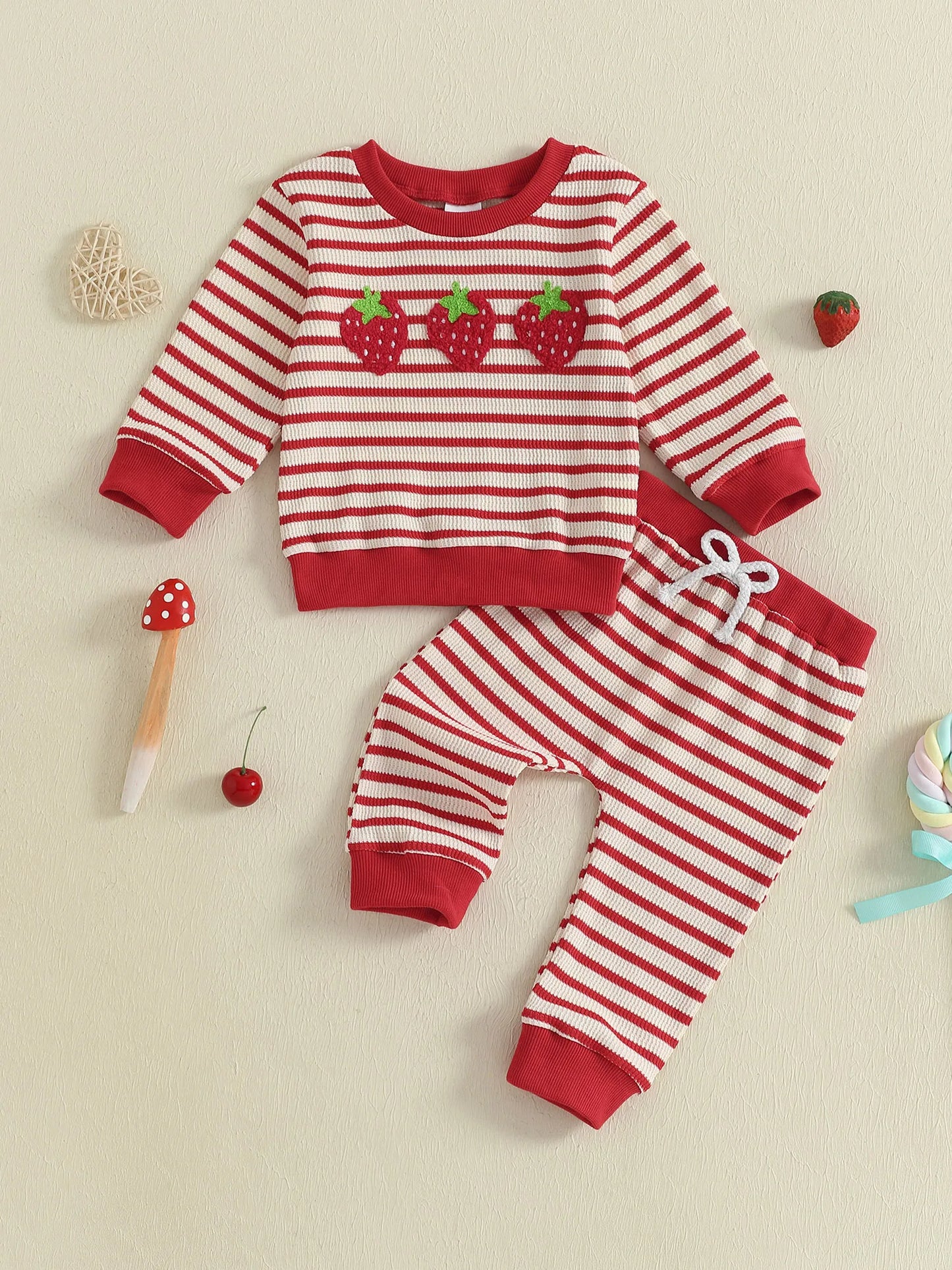 Baby Toddler Girls 2Pcs Autumn Pants Sets Strawberry Embroidery Long Sleeve Top Striped Pants Set