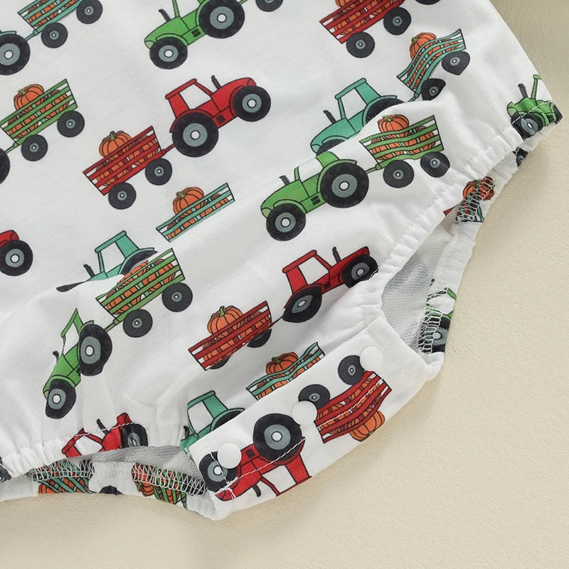 Baby Boys Romper Cartoon Tractor Wagon Pumpkin Print Round Neck Long Sleeve Jumpsuit Fall Bodysuit