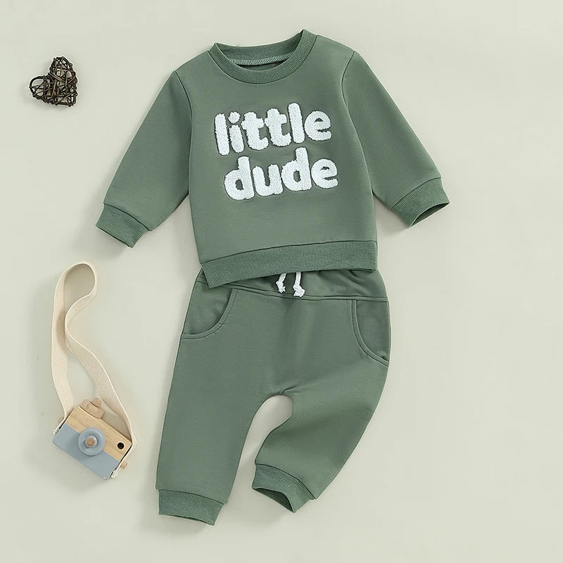 Baby Toddler Boys 2Pcs Little Dude Fall Outfit Long Sleeve Letter Embroidery Top + Pocket Pants Set