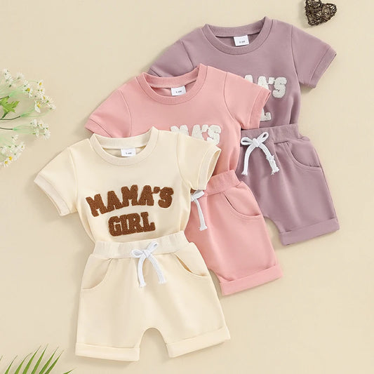 Baby Toddler 2Pcs Girl Fuzzy Letter Mama's Girl Embroidery O-Neck Short Sleeve Top with Shorts Set Outfit