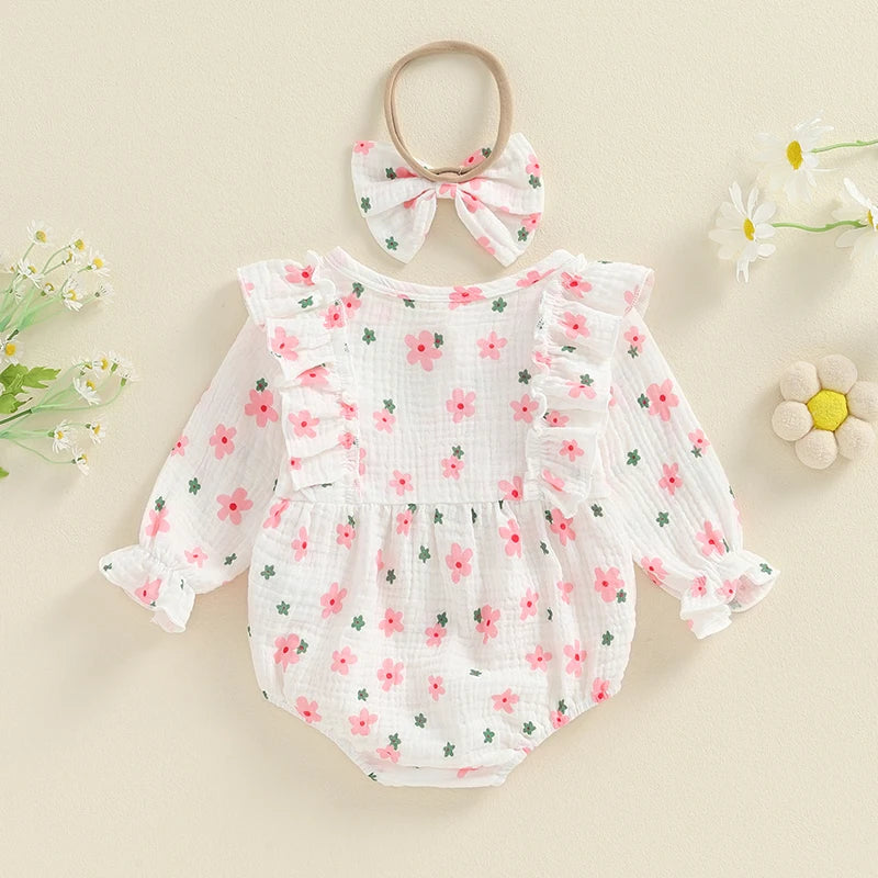 Baby Girl 2Pcs Outfit, Long Sleeve Crew Neck Floral Flowers Romper with Hairband Bow Set