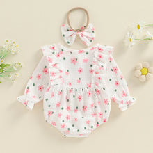 Load image into Gallery viewer, Baby Girl 2Pcs Outfit, Long Sleeve Crew Neck Floral Flowers Romper with Hairband Bow Set
