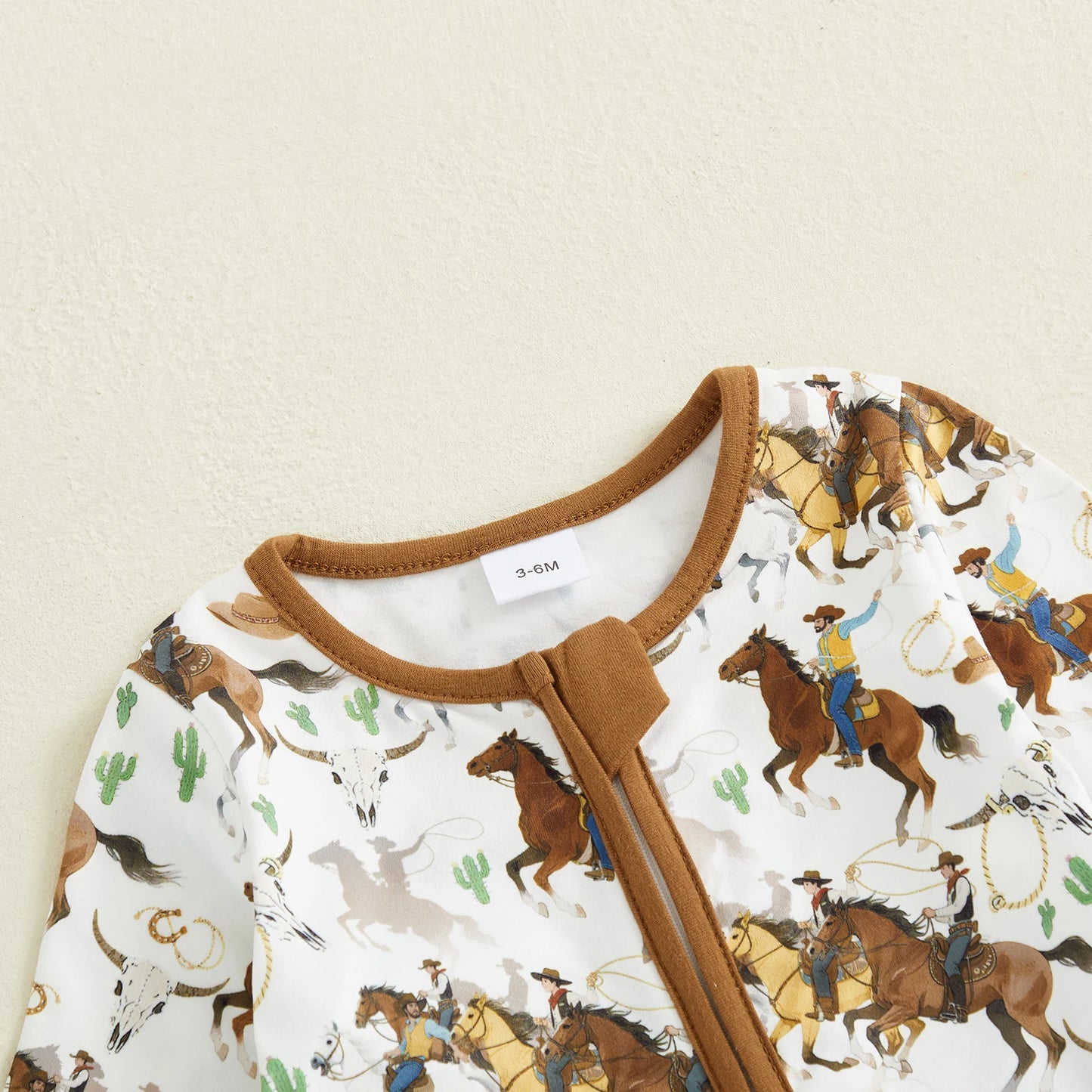 Baby Boy Western Zipper Romper Cactus Horse Print Long Sleeve Zip-up Jumpsuit Casual Infant Clothes