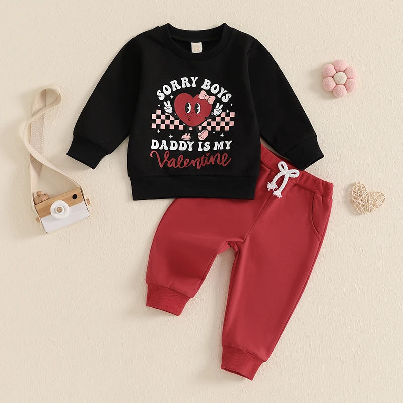 Baby Toddler Girls 2Pcs Sorry Boys Daddy Is My Valentine Valentine's Day Outfit Letter Heart Print Long Sleeve Top with Solid Color Long Pants Jogger Set Valentines