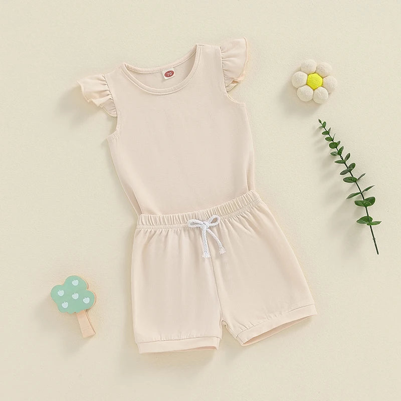 Baby Toddler Girl 2Pcs Summer Set Solid Color Round Neck Fly Sleeve Top Elastic Waist Shorts Outfit Set