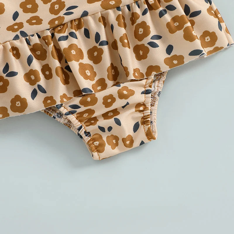 Baby Girls Halter Neck Swimwear Floral Cherry Print Romper Dress Bathing Suit Ruffled Beachwear