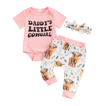 Load image into Gallery viewer, Baby Girls 3Pcs Daddy&#39;s Little Cowgirl Short Sleeve Letters Print Romper with Cow Print Pants and Headband Set
