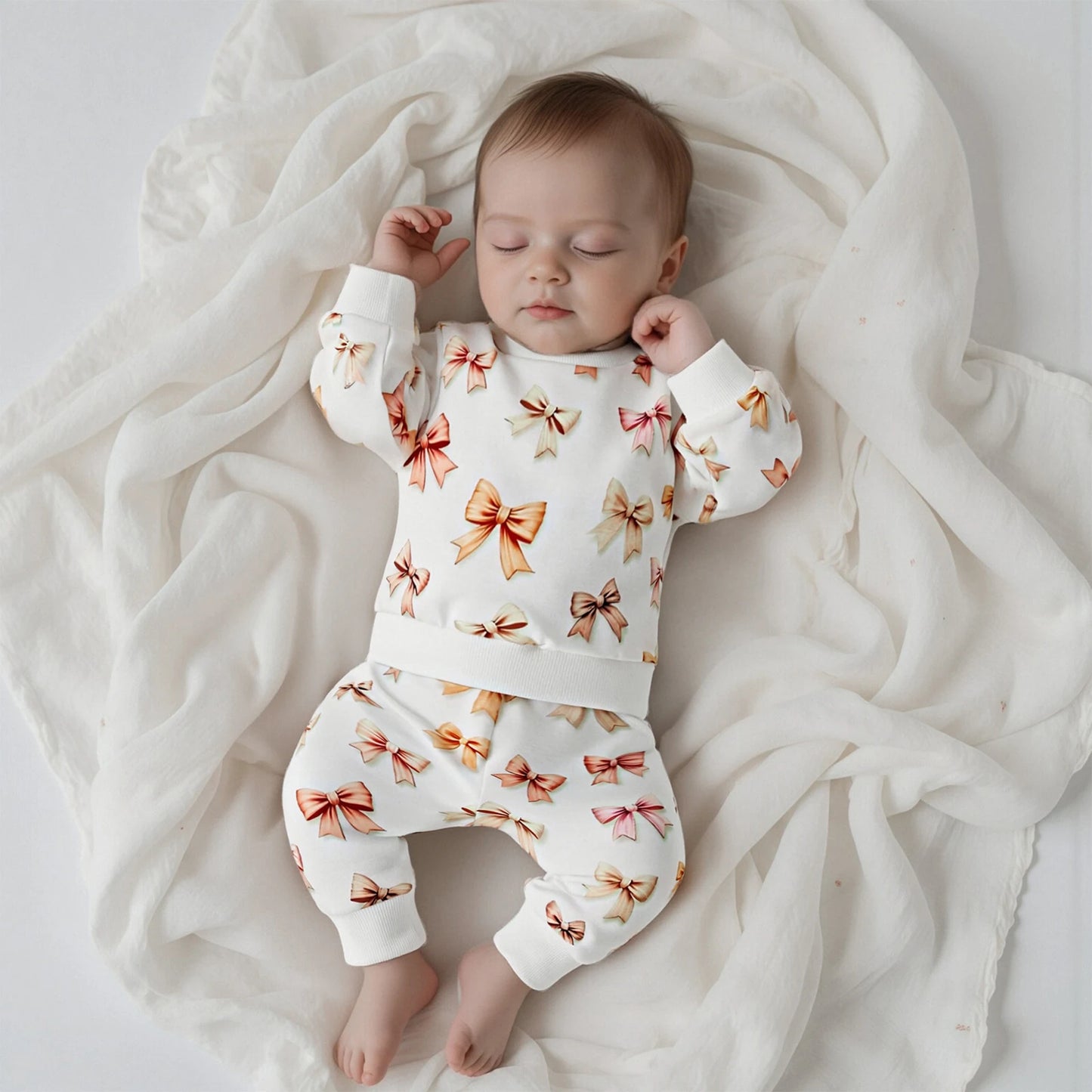 Baby Toddler Girls 2Pcs Spring Outfits Bow Print Long Sleeve Round Neck Pullover Top Elastic Waist Long Pants Jogger Set