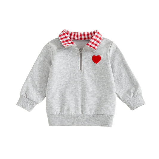 Baby Toddler Boys Girls Long Sleeve Plaid Collar Embroidery Heart Tops for Valentine Day