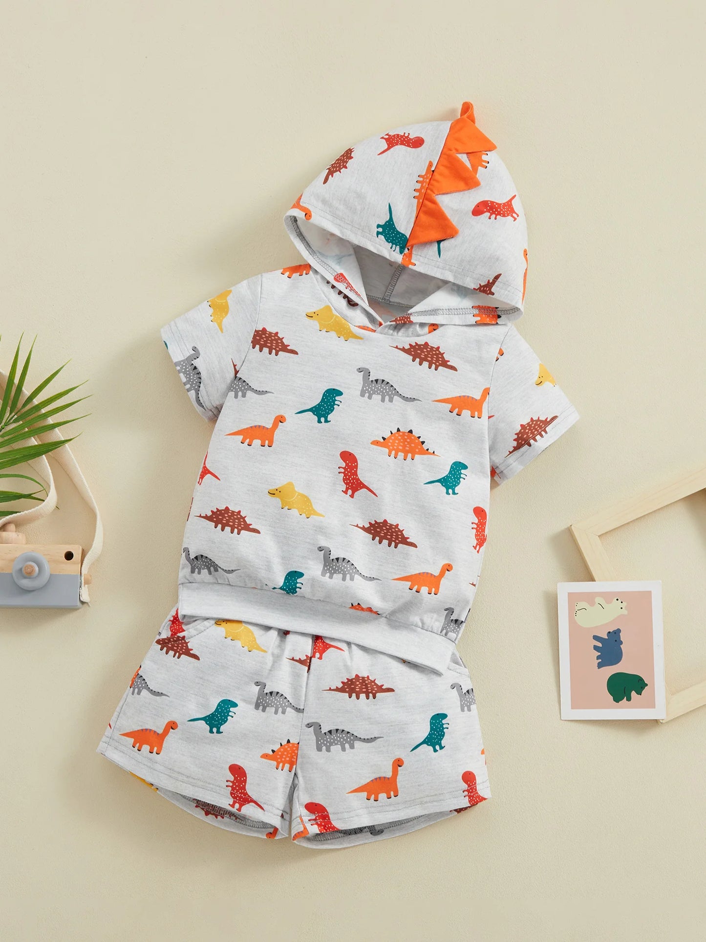 Toddler Kids Boys 2Pcs Dinosaur Outfit Cartoon Print Hooded Short Sleeve Top and Matching Elastic Waist Shorts Set