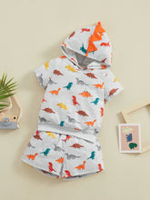 Load image into Gallery viewer, Toddler Kids Boys 2Pcs Dinosaur Outfit Cartoon Print Hooded Short Sleeve Top and Matching Elastic Waist Shorts Set
