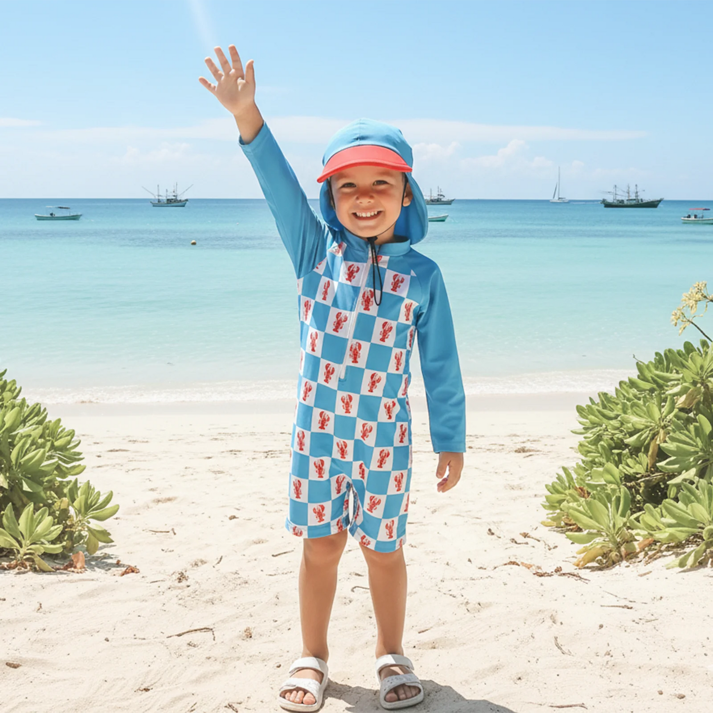 Baby Toddler Boys 2Pcs Rash Guard Swimsuit Fashionable Cute Animal Printed Long Sleeve Jumpsuit with Hat 2Pcs Swimwear Set