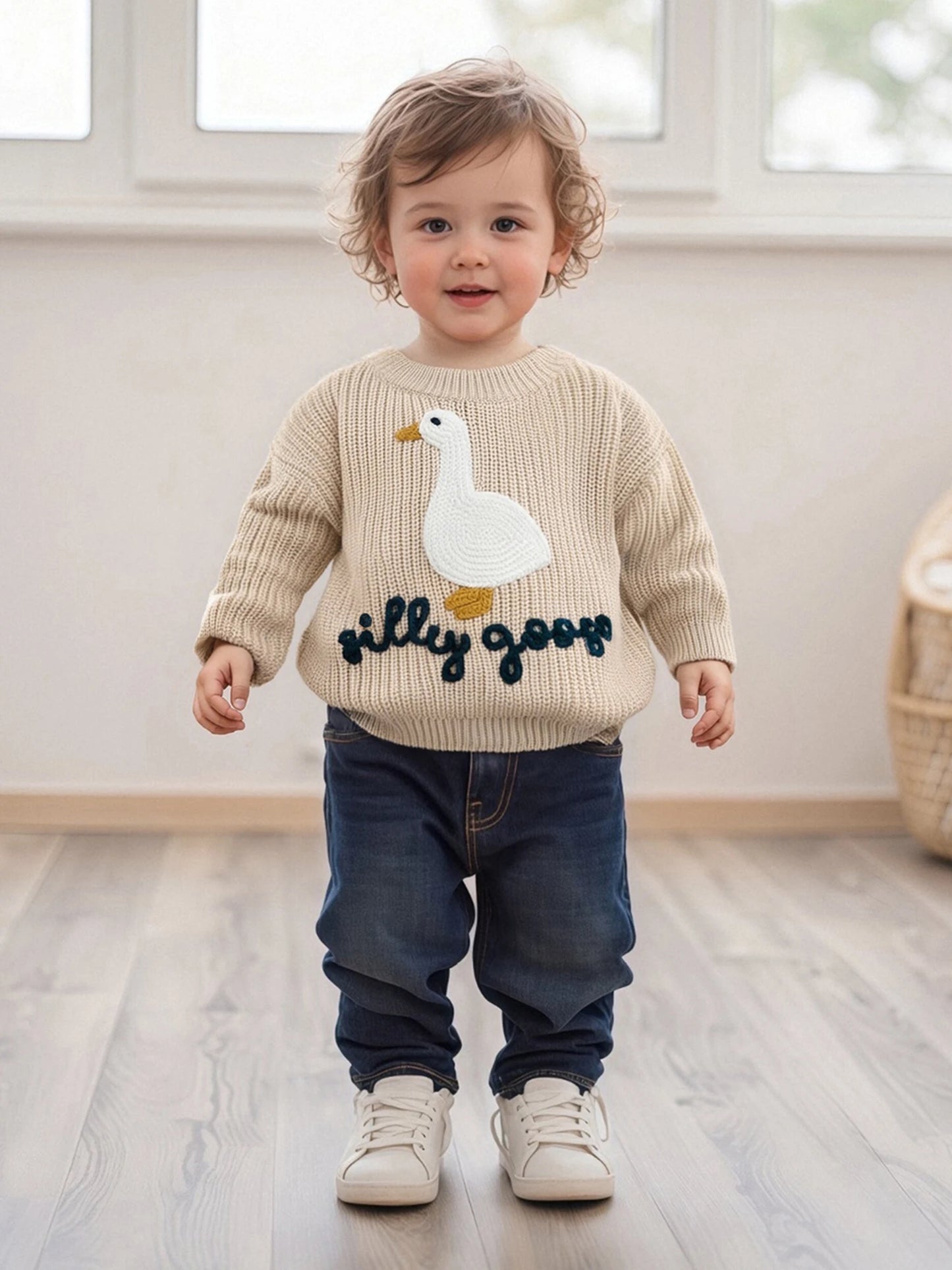 Baby Toddler Boys Girls Silly Goose Sweater Animal Letter Embroidered Crewneck Long Sleeve Pullover Knit Top