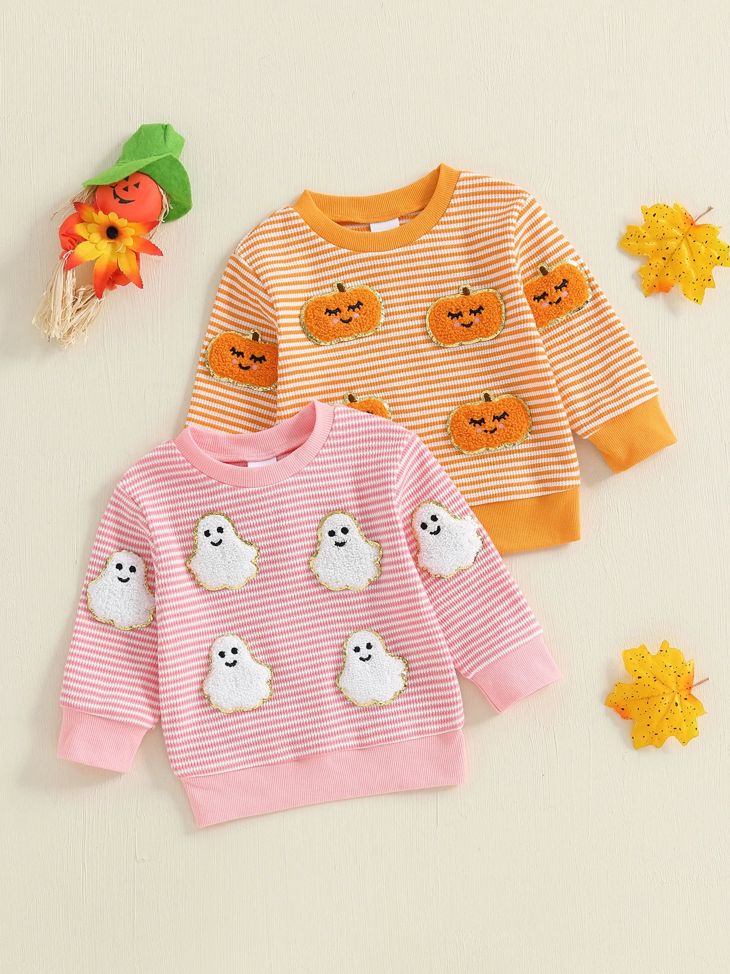 Baby Toddler Girls Boys Long Sleeve Crew Neck Ghost Pumpkin Striped Pullover Halloween Top Clothes