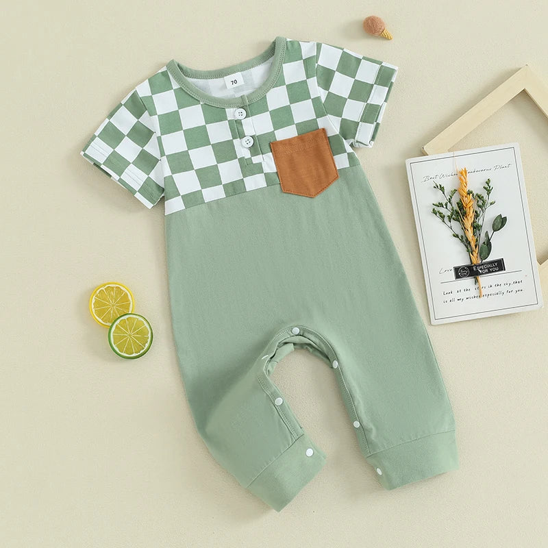 Baby Boys Romper Short Sleeve Crew Neck Checkerboard Print Pocket Casual Jumpsuit