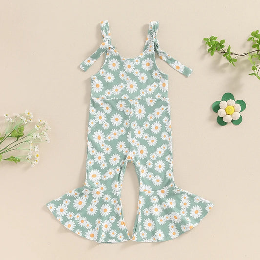 Baby Toddler Girls Romper Jumpsuit Sleeveless Tie Tank Top Daisy Flower Print Bell Bottom Overalls