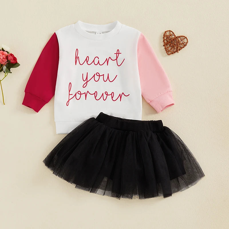 Baby Toddler Girls 2Pcs Heart You Forever Valentine's Day Set Long Sleeve Letters Print Contrast Color Crewneck Top with Tulle Tutu Skirt Valentines Outfit