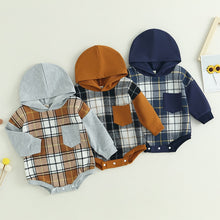 Load image into Gallery viewer, Baby Boys Bodysuit Autumn Casual Hooded Jumpsuit Long Sleeve Plaid Patchwork Romper
