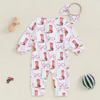 Baby Girl 2Pcs Fall Jumpsuit Ruffled Zip Up Boots Ribbons Print Long Sleeve Round Neck Zipper Romper Bow Headband Set