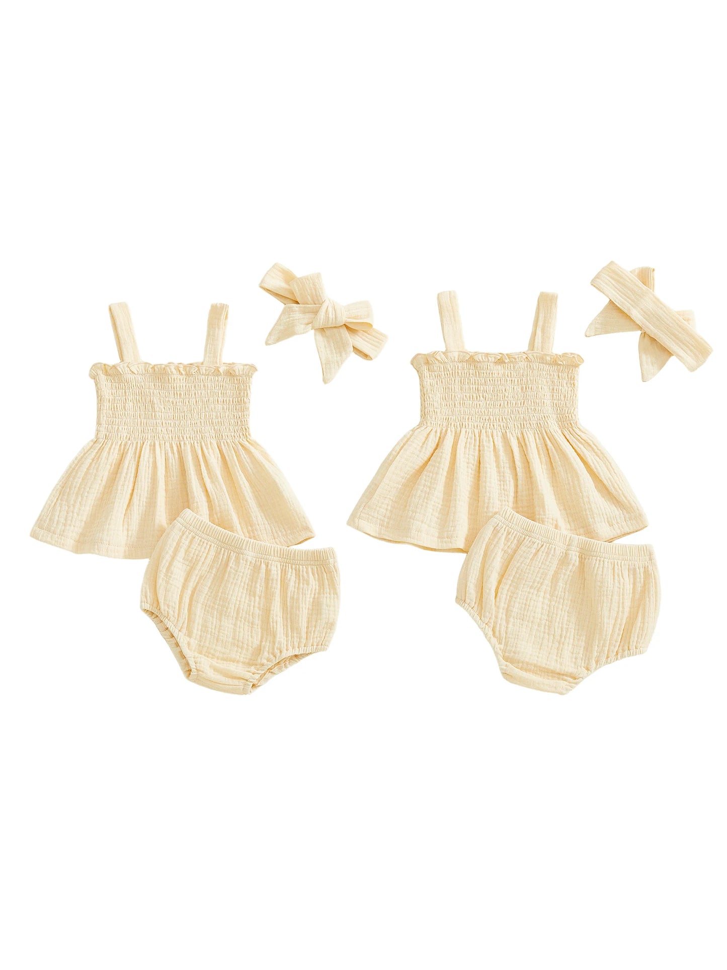 Baby Girl Summer Outfits Solid Color Ruffled Trim Smocked A Line Sleeveless Tops Shorts and Headband 3 Pcs Set