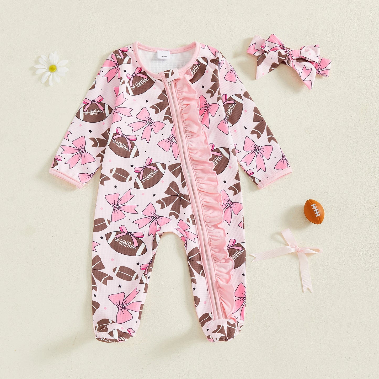 Baby Girl 2Pcs Footed Romper Fashionable Bow and Football Print Ruffled Long Sleeve Jumpsuit with Headband Set