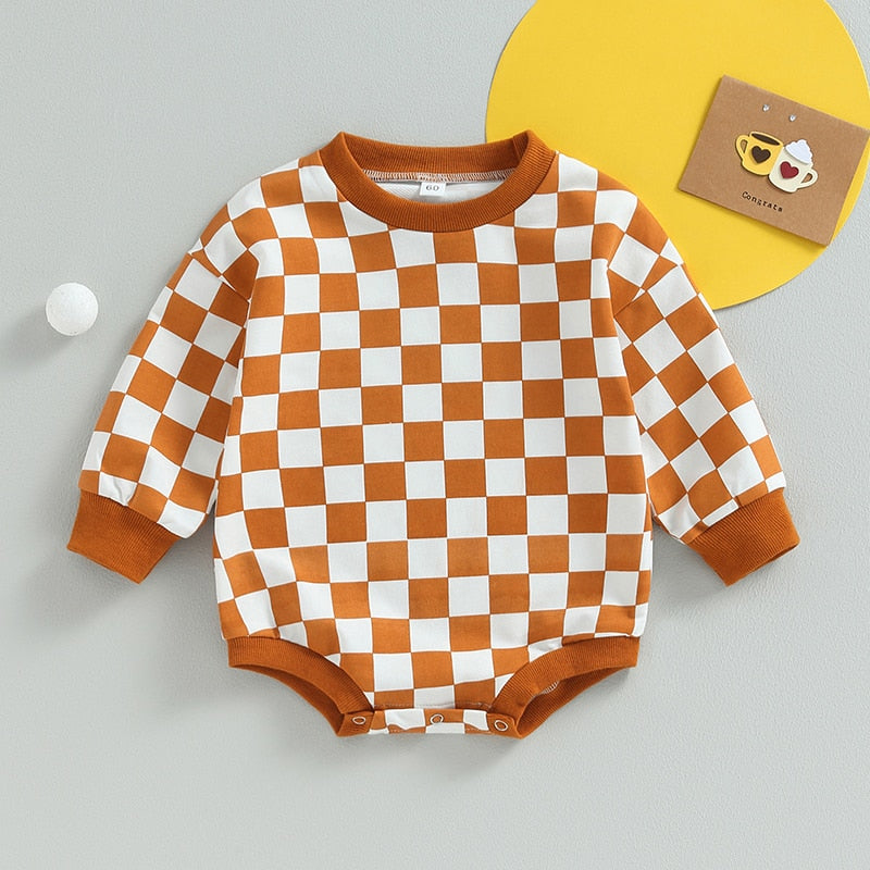 Baby Boy Girl Fall Sweatshirt Bodysuit Checkerboard Print Long Sleeve Jumpsuit Romper