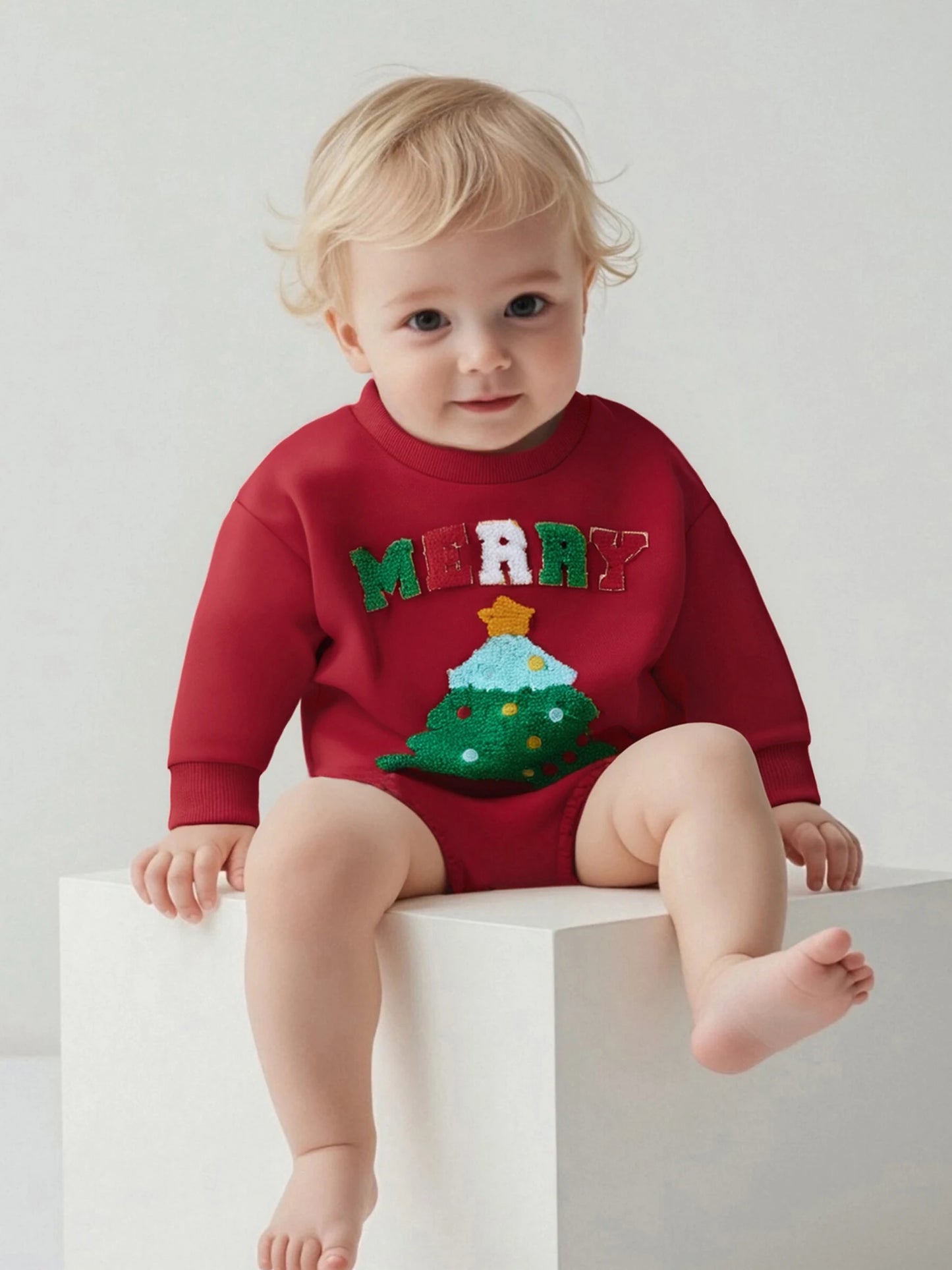 Baby Girl Boy Merry Romper Long Sleeve Round Neck Letter Christmas Tree Embroidery Bubble Jumpsuit