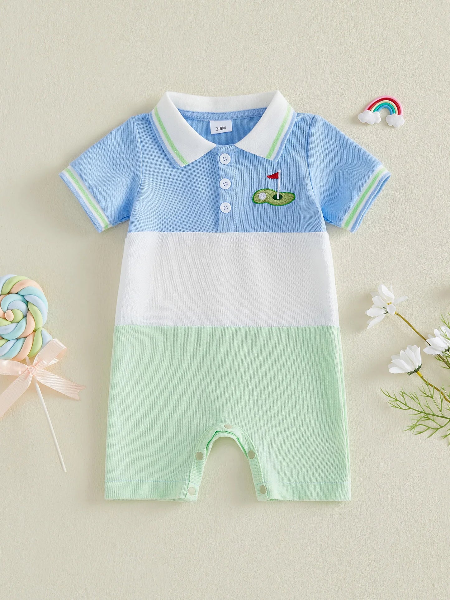 Baby Boy Summer Romper Golf Embroidered Contrast Color Button Collared Short Sleeve Infant Jumpsuit