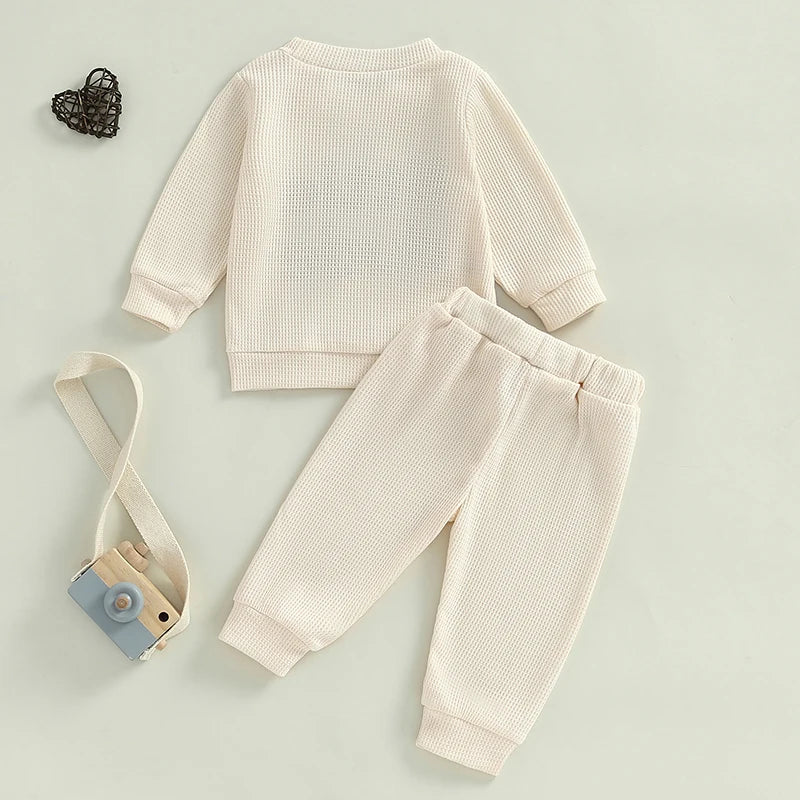 Baby Toddler Boys 2Pcs Little Dude Waffle Outfit Letter Embroidery Long Sleeve Top with Elastic Waist Solid Pants Set