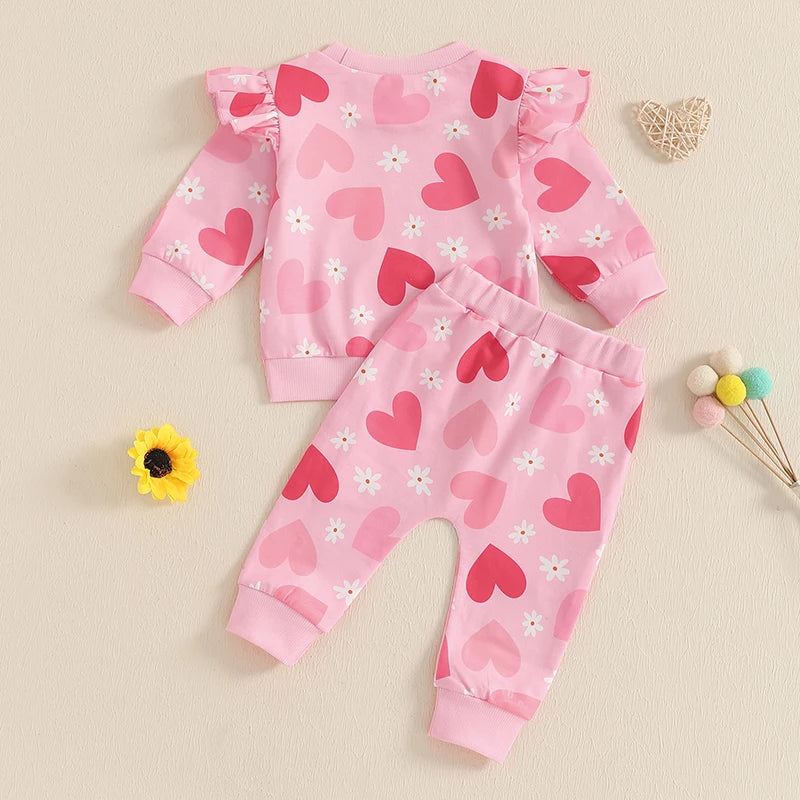 Baby Toddler Girls 2Pcs Outfit Heart Flower Print Long Sleeve Crewneck Frilly Shoulder Top with Jogger Pants Valentine's Day Set