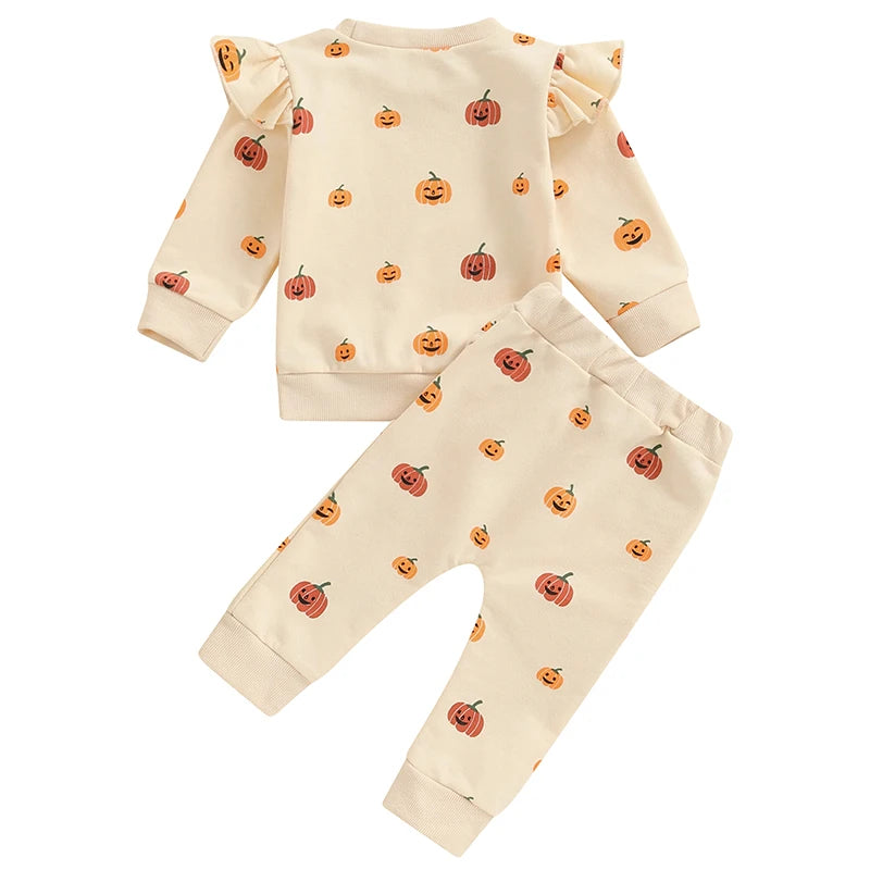 Baby Toddler Girls 2Pcs Fall Halloween Outfit Pumpkin Print Long Sleeve Frilly Shoulder O-Neck Pullover with Elastic Waist Pants Set