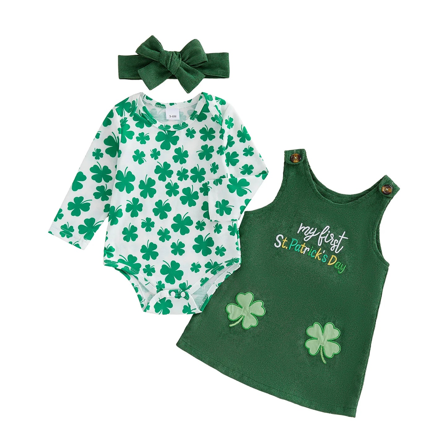 Baby Girls 3Pcs Spring Outfit My First St. Patrick's Day Long Sleeve Romper Shamrock Overall Dress Headband Set