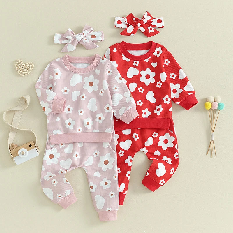 Baby Toddler Girl 3Pcs Valentine's Day Outfit Heart Flower Print Long Sleeve Crewneck Top Casual Pants Set